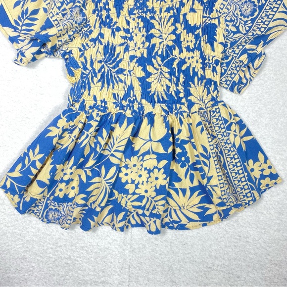 Angie Smocked Floral Leaf Boho Top Women's PXS Peasant Flutter Sleeve V Neck - Picture 8 of 11